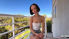 Tight teen Christina Sage flashes small tits before outdoor couch pounding