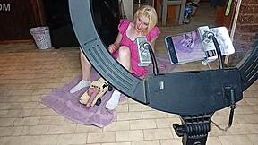 Roommate rams RC car dildo deep in skinny blonde teen's pussy orgasm