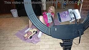 Roommate rams RC car dildo deep in skinny blonde teen's pussy orgasm