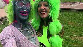 adorable tattooed goth girl rides huge dildo in punk outfit