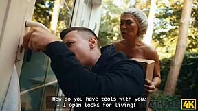 Mature Asian cougar rides shaved pussy on young Czech's monster cock in stockings