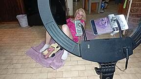 Roommate rams RC car dildo deep in skinny blonde teen's pussy orgasm