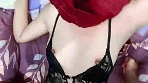 Hijab girl stuffs vibrator and cock in her skinny pussy at once