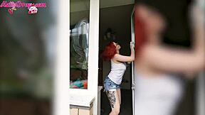 sexy redhead babe wet tshirt window wash homemade horny