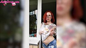 sexy redhead babe wet tshirt window wash homemade horny
