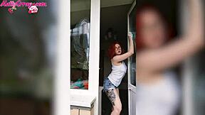 sexy redhead babe wet tshirt window wash homemade horny