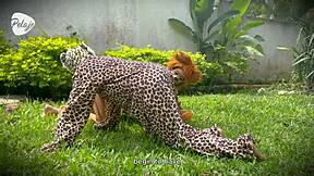 Latinas play lion leopard wild sex game outdoors