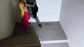 Horny sister-in-law sneaks rough pussy pounding on the stairs