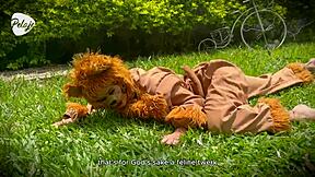 Latinas play lion leopard wild sex game outdoors