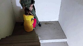 Horny sister-in-law sneaks rough pussy pounding on the stairs