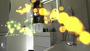 check out this redhead milf wife in her tiny skirt and fishnets in the bathroom