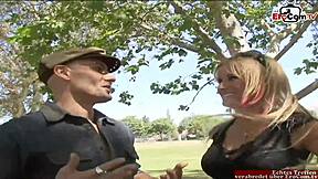 Blonde bombshell with fake tits cuckolds hubby on camera!