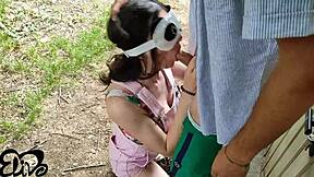 Garden blowjob blasts huge cumshot!