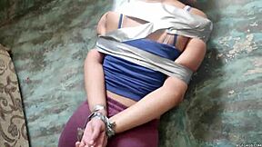 boyfriend's stepsis hogties barefoot latina in brutal bondage gag