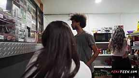 Sneaky grocery store fuck with cute pervteen riding big cock outdoors!