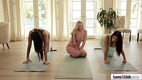 busty latinas dive into yoga teacher's shaved pussy licking frenzy