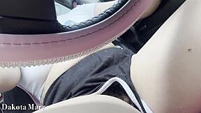 Chubby Dakota Marr masturbates wet pussy publicly in car
