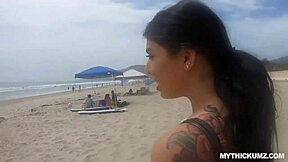 thick latina gags deep on beach stranger cock 😩🍆💦
