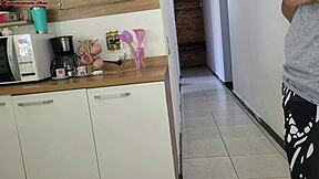 Risky Sex While Husband Showers with His Curvy Brazilian Friend Almost Caught