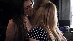 nerdy geek blackmails blonde roomie's girlfriend into kitchen scissoring squirt fest