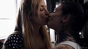 nerdy geek blackmails blonde roomie's girlfriend into kitchen scissoring squirt fest