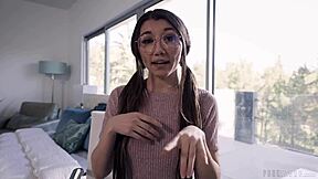 nerdy geek blackmails blonde roomie's girlfriend into kitchen scissoring squirt fest