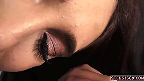 Tiny teen 18+ couple sucks stepbro in webcam strapon anal threesome