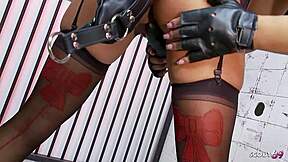 mature latex domme rams dildo into big tits bitch in dungeon bondage