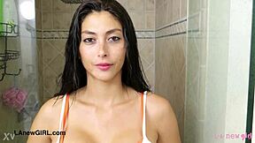 brunette teen daddy's girl showers before steamy pov casting fuck