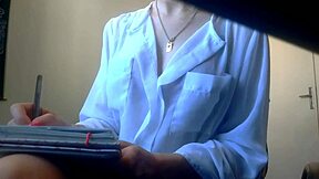 secretary no panties fingers pussy after bra drop in office