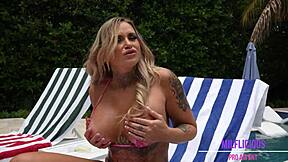 Milf gets caught blowing busty babe Stephanie Love's curves