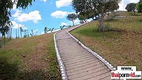 cute tiny titted thai teen sucks big white cock outdoors pov