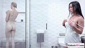 lesbian milf fingers and licks girlfriend's stepdaughter in shower