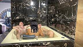 sexy latina joins friend in jacuzzi for big cock deepthroat cowgirl doggystyle fuck theyoungnico