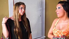 Feel that shared orgasm heat? Petite brunette Madelyn and blonde Sofia grind duo dildo to wet bliss