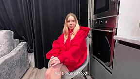 Pantyless Delivery Girl Steals Food Shows Big Tits Sucks Cock Fucks Tight Pussy