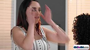 Ebony Petite Licked by Busty BFF Lesbian Scissoring in Classroom