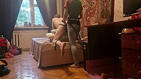 Anastasia Pegs Slave Sasha Earth in Homemade Russian Femdom Strapon Session