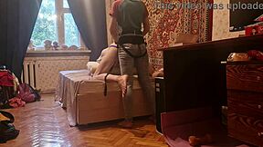 Anastasia Pegs Slave Sasha Earth in Homemade Russian Femdom Strapon Session