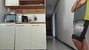 risky kitchen fuck with hubby's friend while he showers almost caught