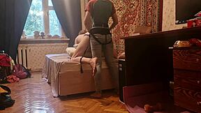 Anastasia Pegs Slave Sasha Earth in Homemade Russian Femdom Strapon Session