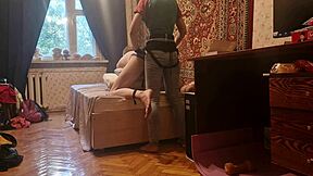 Anastasia Pegs Slave Sasha Earth in Homemade Russian Femdom Strapon Session