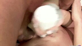 blonde fitness babe endures first deep anal double penetration with cum in asshole.