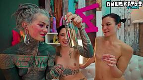 oiled tattooed goths share toys in lesbian assplay