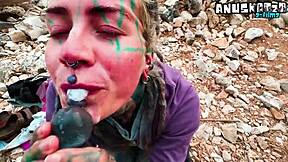 i gave a sloppy public deepthroat blowjob to huge cock then massive cumshot facial exploded on my pierced goth face omg so sticky