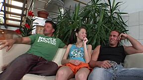 how does the pigtail teen neighbor handle airtight double penetration from huge cocks?