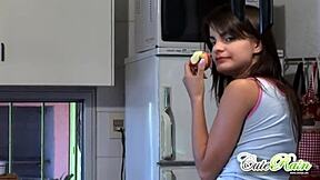 Latina teen cooks nude in steamy kitchen