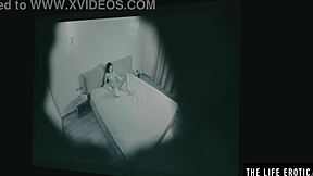 Spy on cute brunette teen ripping clothes for clit fingering and wet pussy orgasm.