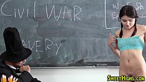 uniformed teen bends over desk for creamy cumshot drenching her small tits