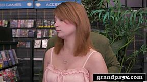 Sexy ass teen rides stepgrandpa's big cock doggystyle bent over